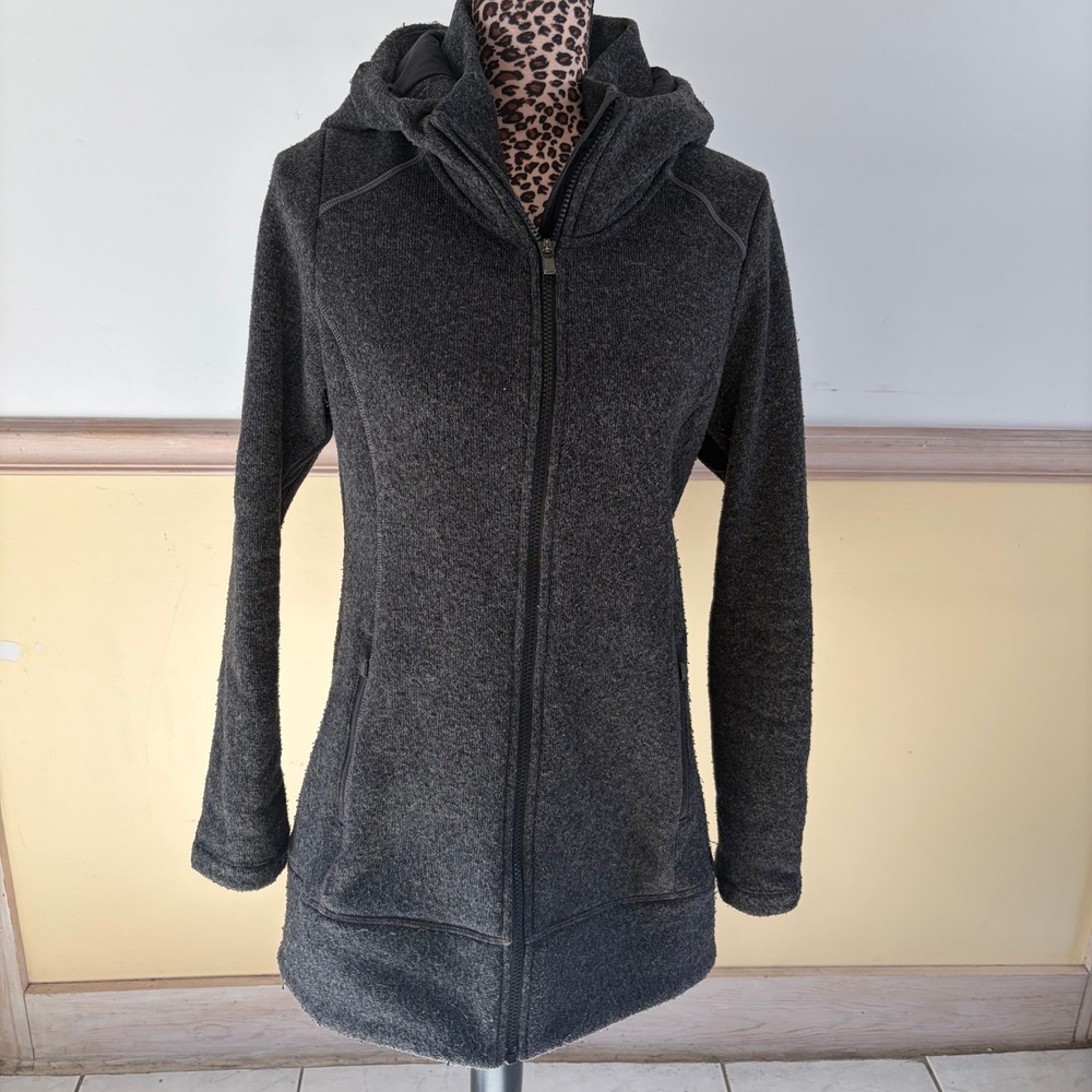 Athleta Women's Gray Knit Hooded Full Zip Jacket‎ Coat fleece lining Thumbhole M